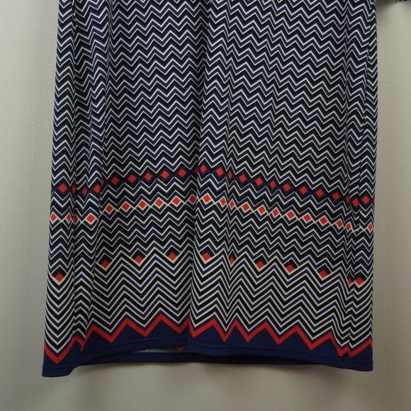 Max Studio Navy Blue & Coral Chevron Patterned Collared V-Neck Midi Dress SZ S - Picture 3 of 9